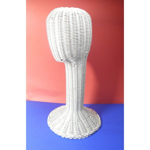 White Wicker Mannequin Head Hat Stand Display Vintage MCM 19" Tall Long Neck - Picture 1 of 14